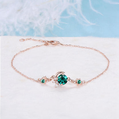 Sterling Silver Moon Bracelet Round Green Emerald Chain Bracelet Dainty Green Gemstone Bracelet Women Unique May Birthstone Birthstone Gifts