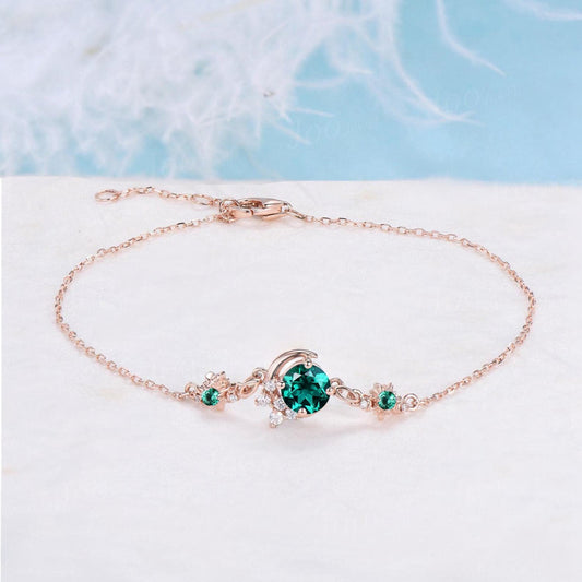 Sterling Silver Moon Bracelet Round Green Emerald Chain Bracelet Dainty Green Gemstone Bracelet Women Unique May Birthstone Birthstone Gifts