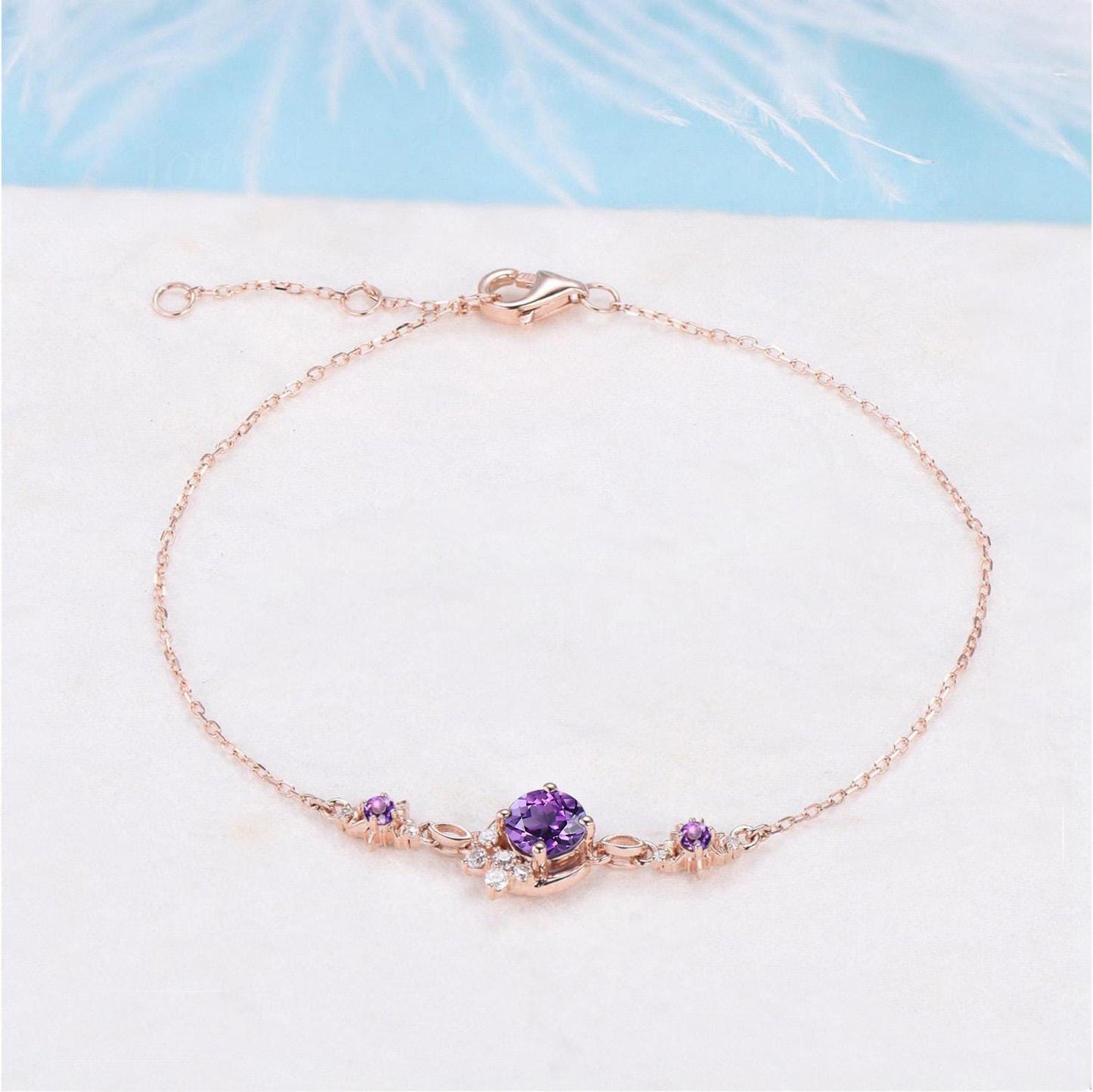 Sterling Silver Moon Bracelet 5mm Round Cut Natural Amethyst Charm Bracelets Starburst Sun Amethyst Adjustable Gemstone Bracelets for Women