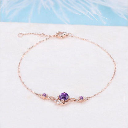 Sterling Silver Moon Bracelet 5mm Round Cut Natural Amethyst Charm Bracelets Starburst Sun Amethyst Adjustable Gemstone Bracelets for Women