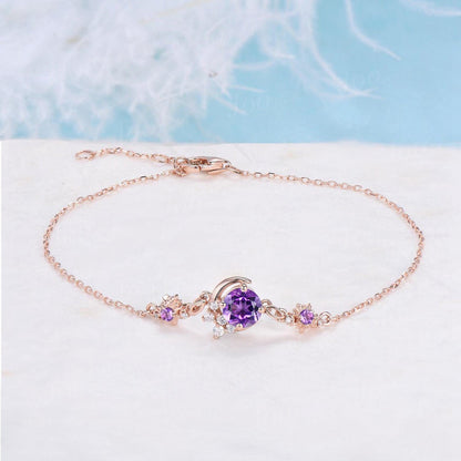 Sterling Silver Moon Bracelet 5mm Round Cut Natural Amethyst Charm Bracelets Starburst Sun Amethyst Adjustable Gemstone Bracelets for Women