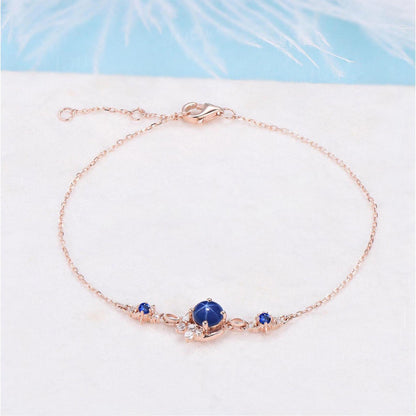 Crescent Moon Bracelet 14K Solid Rose Gold Round Blue Star Sapphire Charm Bracelet for Women Starburst Sun Blue Sapphire Gemstone Bracelet