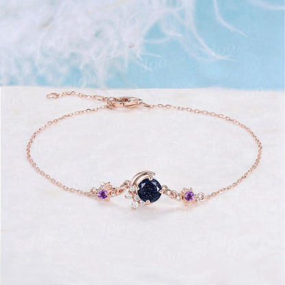 Sterling Silver 5mm Round Galaxy Blue Sandstone Adjustable Charm Bracelet Crescent Moon Sun Bracelet Unique Gemstone Chain Bracelets Women