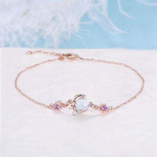 5mm Round Cut Opal Amethyst Bracelet No Fading Wedding Bracelet for Women Rose Gold Moon Sun Charm Bracelet Handmade October Birthstone Gift
