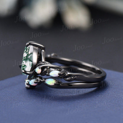 1.25ct Pear Cut Genuine Moss Agate Opal Engagement Ring Set Black Wedding Ring for Women Twisted Twig Vine Branch Aquatic Agate Bridal Set