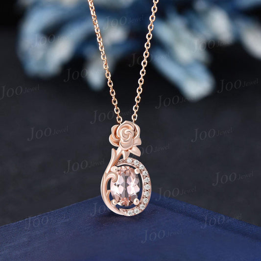 Rose Flower Pendant Necklace Oval Natural Morganite Wedding Bridal Drop Necklaces 14K Rose Gold Nature Inspired Jewelry Valentine's Day Gift