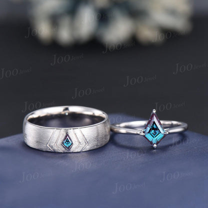 Kite Cut Alexandrite Couple Ring Men Women Sterling Silver 6mm Men Engagement Ring Brushed Finished Band His and Her Matching Promise Rings