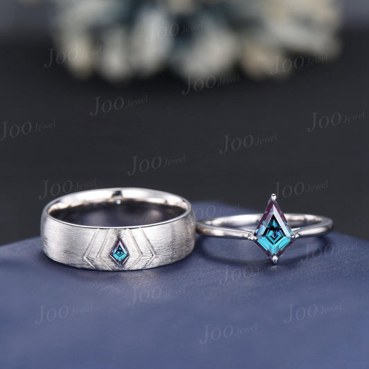 Kite Cut Alexandrite Couple Ring Men Women Sterling Silver 6mm Men Engagement Ring Brushed Finished Band His and Her Matching Promise Rings