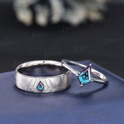 Kite Cut Alexandrite Couple Ring Men Women Sterling Silver 6mm Men Engagement Ring Brushed Finished Band His and Her Matching Promise Rings