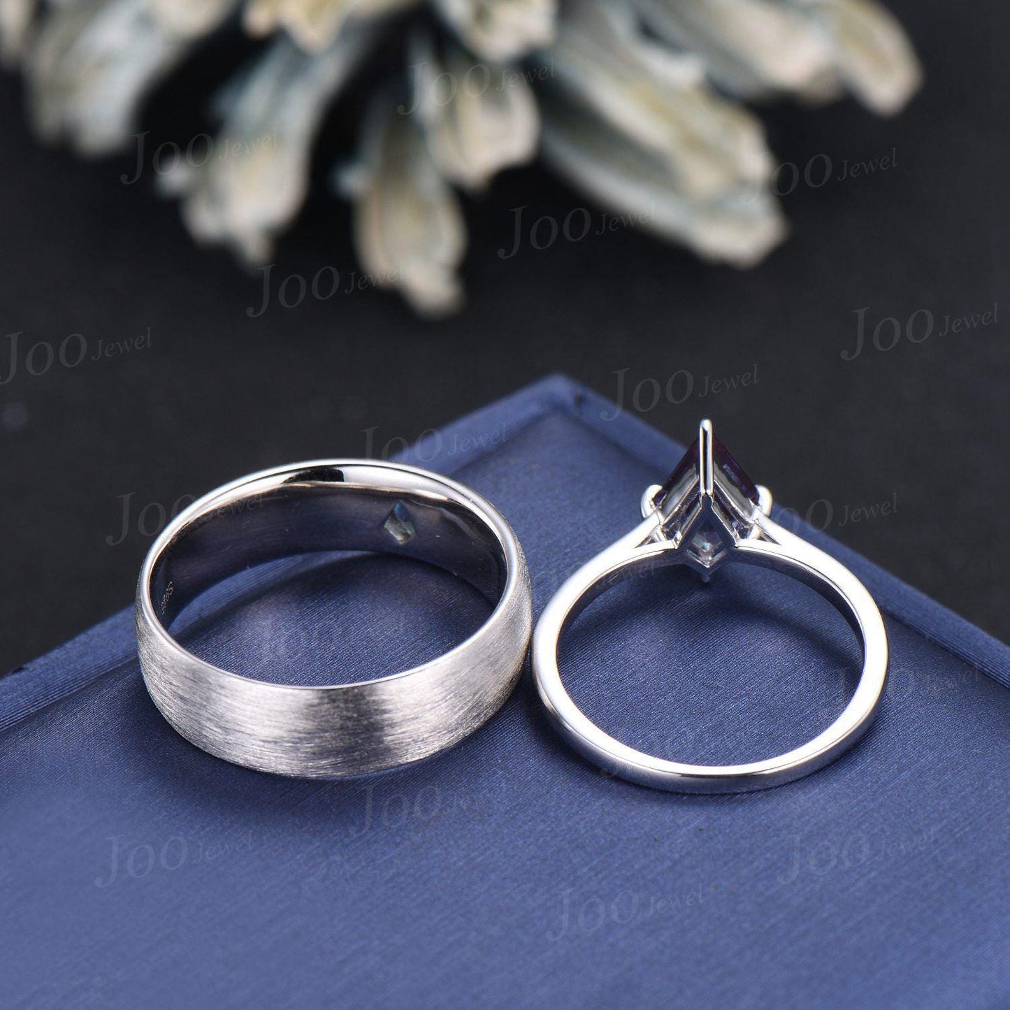 Kite Cut Alexandrite Couple Ring Men Women Sterling Silver 6mm Men Engagement Ring Brushed Finished Band His and Her Matching Promise Rings