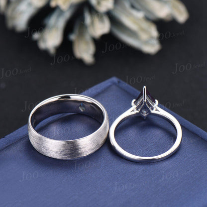 Kite Cut Alexandrite Couple Ring Men Women Sterling Silver 6mm Men Engagement Ring Brushed Finished Band His and Her Matching Promise Rings