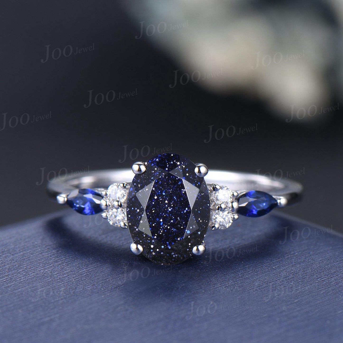 1.5ct Oval Cut Blue Sandstone Engagement Rings Galaxy Starry Sky Ring Marquise Blue Sapphire Ring Unique Handmade Proposal Gifts for Women