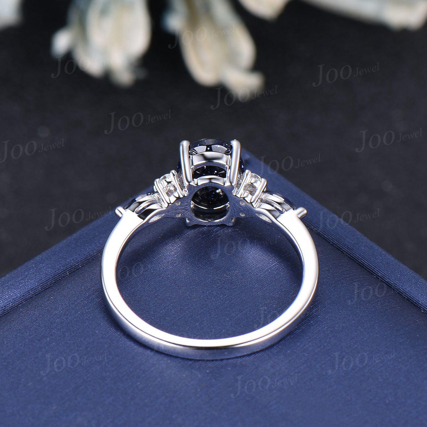 1.5ct Oval Cut Blue Sandstone Engagement Rings Galaxy Starry Sky Ring Marquise Blue Sapphire Ring Unique Handmade Proposal Gifts for Women