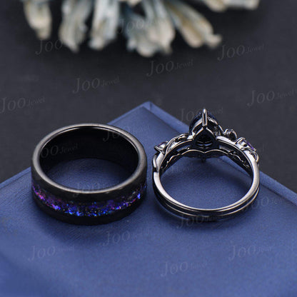 Gray Moissanite Engagement Ring Leaf Couple Set Tungsten Meteorite Men's No-Fading Black Wedding Ring His And Hers Gothic Matching Band Gift