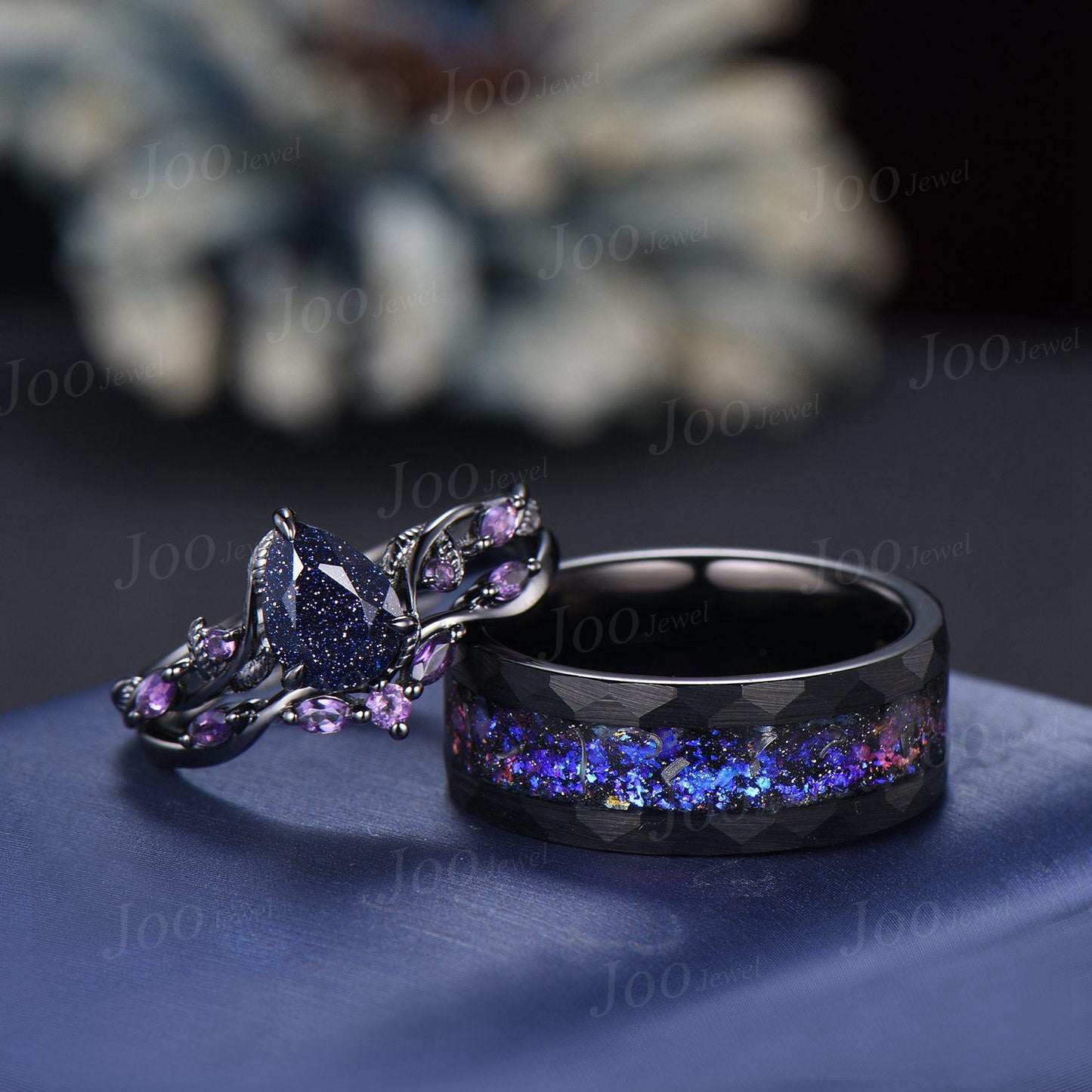2pcs Galaxy Blue Sandstone Couple Ring Set Nature Inspired Gothic His and Her Black Wedding Ring Set Men No-Fading Tungsten Matching Rings