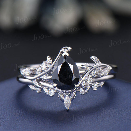 1.25ct Nature Inspired Pear Black Moissanite Diamond Engagement Ring Sets Sterling Silver Leaf Vine Branch Bypass Vintage Bridal Set Women