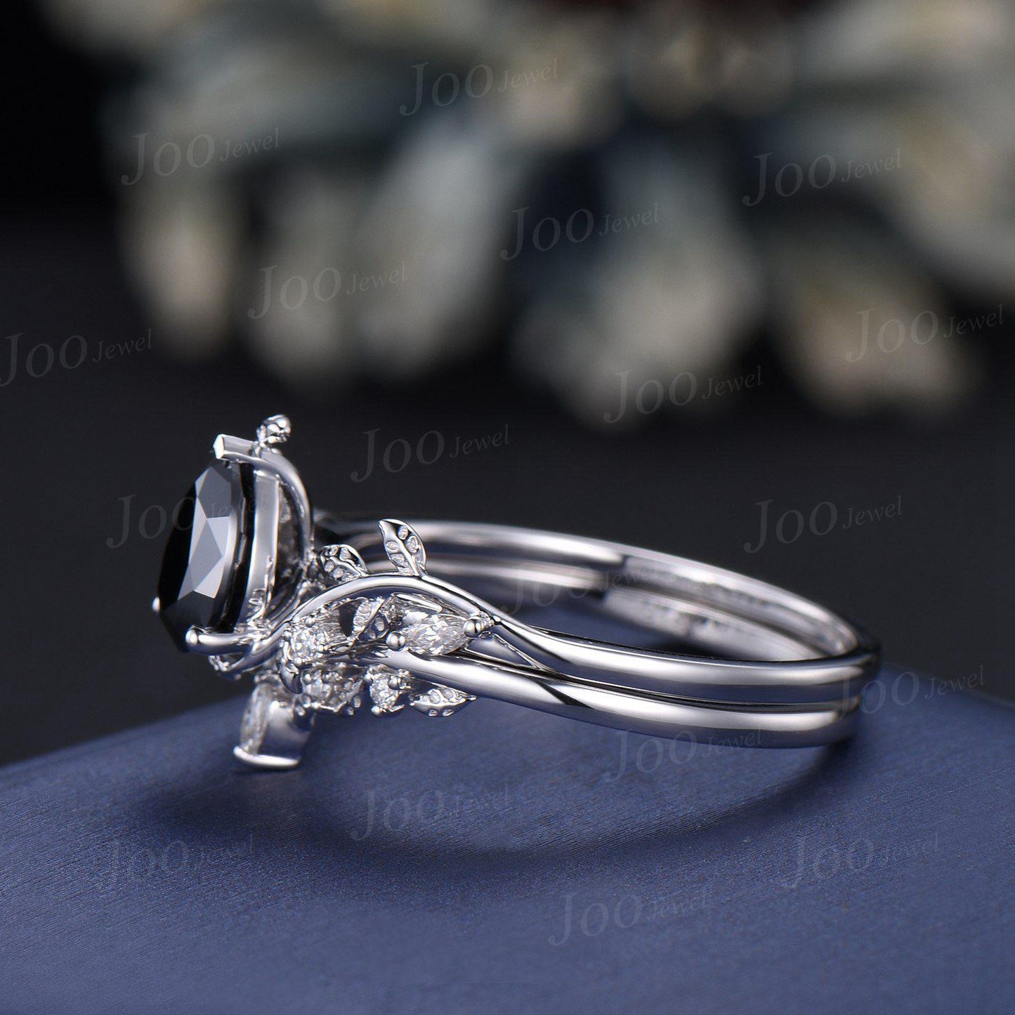 1.25ct Nature Inspired Pear Black Moissanite Diamond Engagement Ring Sets Sterling Silver Leaf Vine Branch Bypass Vintage Bridal Set Women