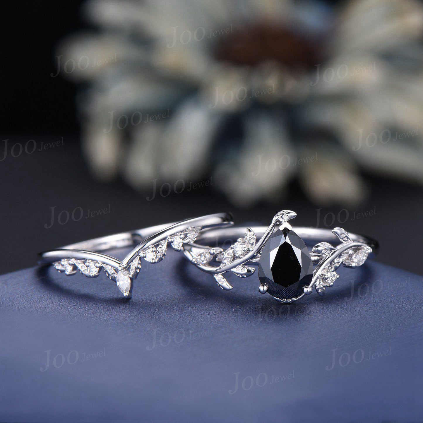 1.25ct Nature Inspired Pear Black Moissanite Diamond Engagement Ring Sets Sterling Silver Leaf Vine Branch Bypass Vintage Bridal Set Women