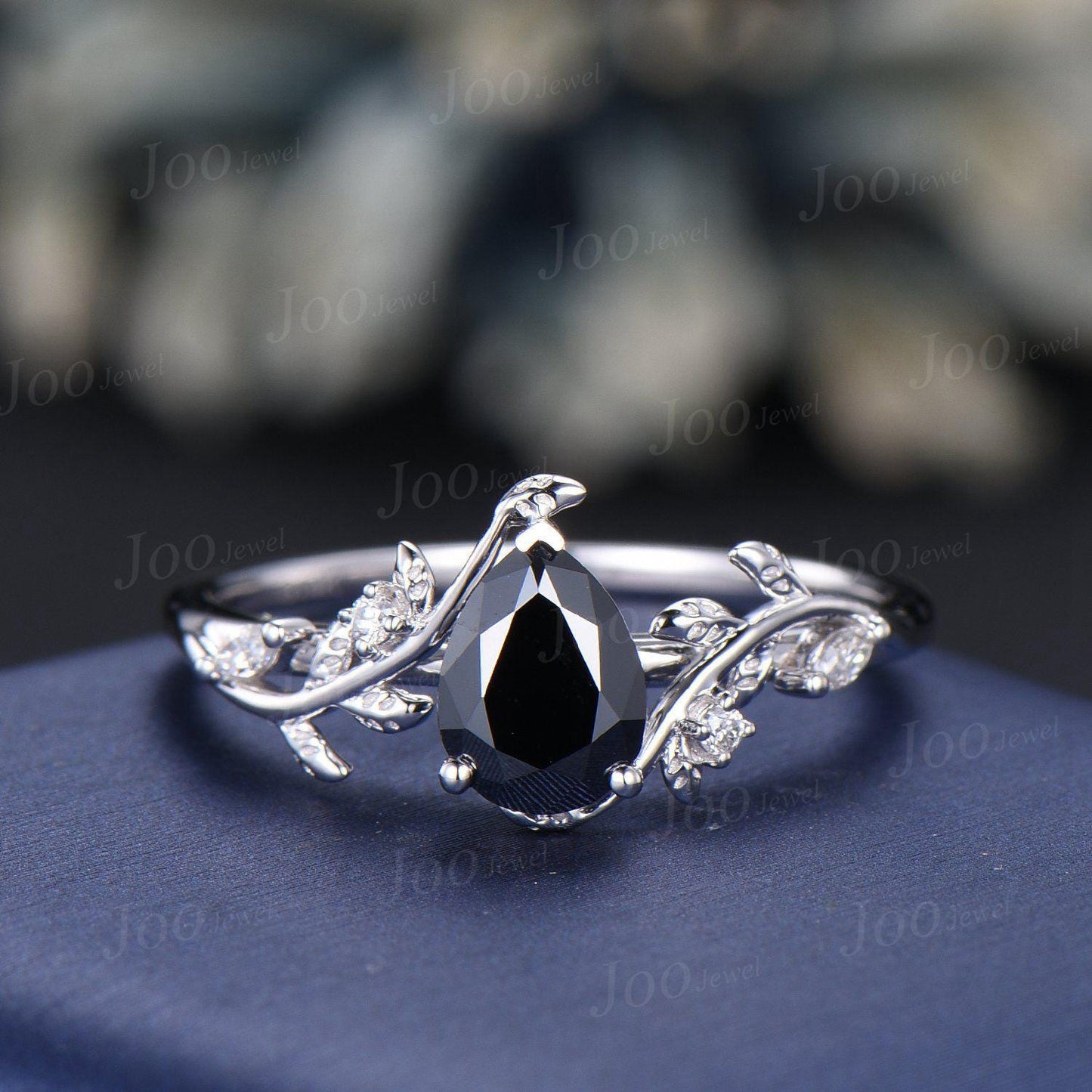 1.25ct Nature Inspired Pear Black Moissanite Diamond Engagement Ring Sets Sterling Silver Leaf Vine Branch Bypass Vintage Bridal Set Women