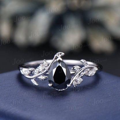 1.25ct Nature Inspired Pear Black Moissanite Diamond Engagement Ring Sets Sterling Silver Leaf Vine Branch Bypass Vintage Bridal Set Women