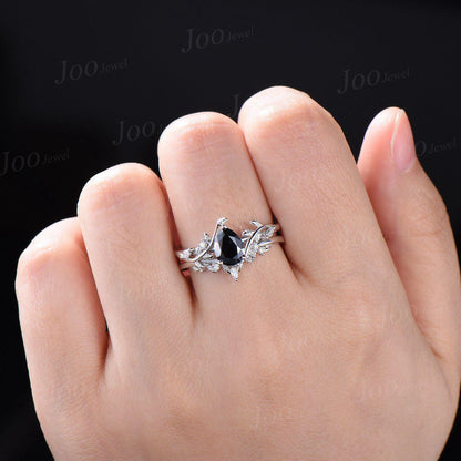 1.25ct Nature Inspired Pear Black Moissanite Diamond Engagement Ring Sets Sterling Silver Leaf Vine Branch Bypass Vintage Bridal Set Women