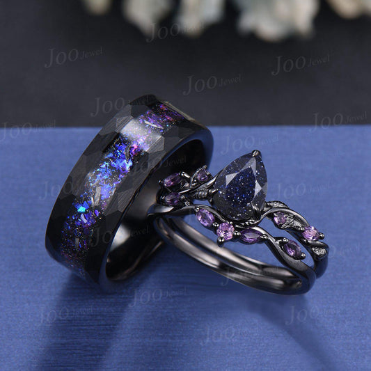 2pcs Galaxy Blue Sandstone Couple Ring Set Nature Inspired Gothic His and Her Black Wedding Ring Set Men No-Fading Tungsten Matching Rings