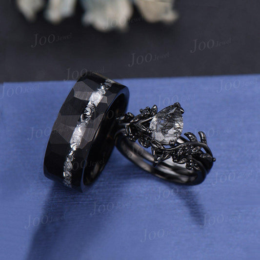 Natural Black Rutilated Quartz Couple Ring Set Black Tungsten Meteorite Men's No-Fading Wedding Ring His And Hers Gothic Silver Wedding Ring