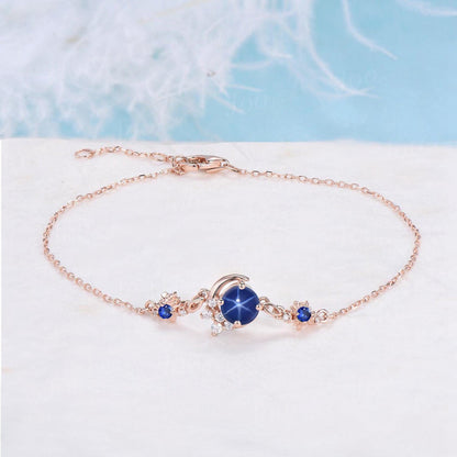 Crescent Moon Bracelet 14K Solid Rose Gold Round Blue Star Sapphire Charm Bracelet for Women Starburst Sun Blue Sapphire Gemstone Bracelet