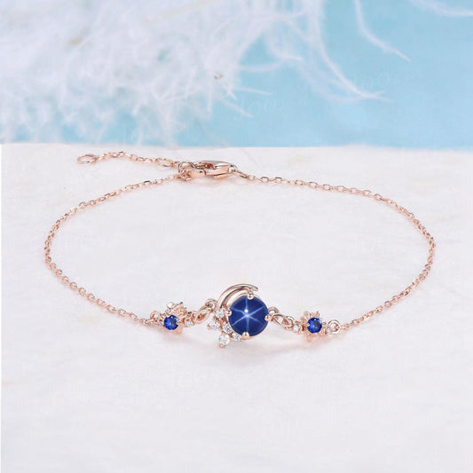 Crescent Moon Bracelet 14K Solid Rose Gold Round Blue Star Sapphire Charm Bracelet for Women Starburst Sun Blue Sapphire Gemstone Bracelet