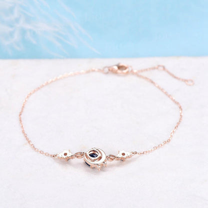 Sterling Silver 5mm Round Galaxy Blue Sandstone Adjustable Charm Bracelet Crescent Moon Sun Bracelet Unique Gemstone Chain Bracelets Women