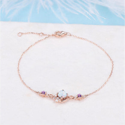 5mm Round Cut Opal Amethyst Bracelet No Fading Wedding Bracelet for Women Rose Gold Moon Sun Charm Bracelet Handmade October Birthstone Gift