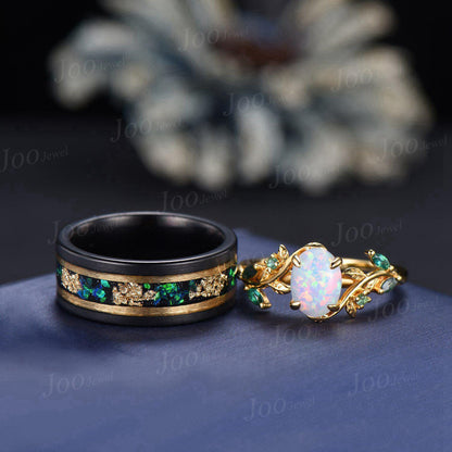 1.5ct Oval Cut White Opal Engagement Ring Set His&Hers Couple Ring Set Men's Tungsten Wedding Ring Yellow Gold Promise Ring Anniversary Gift