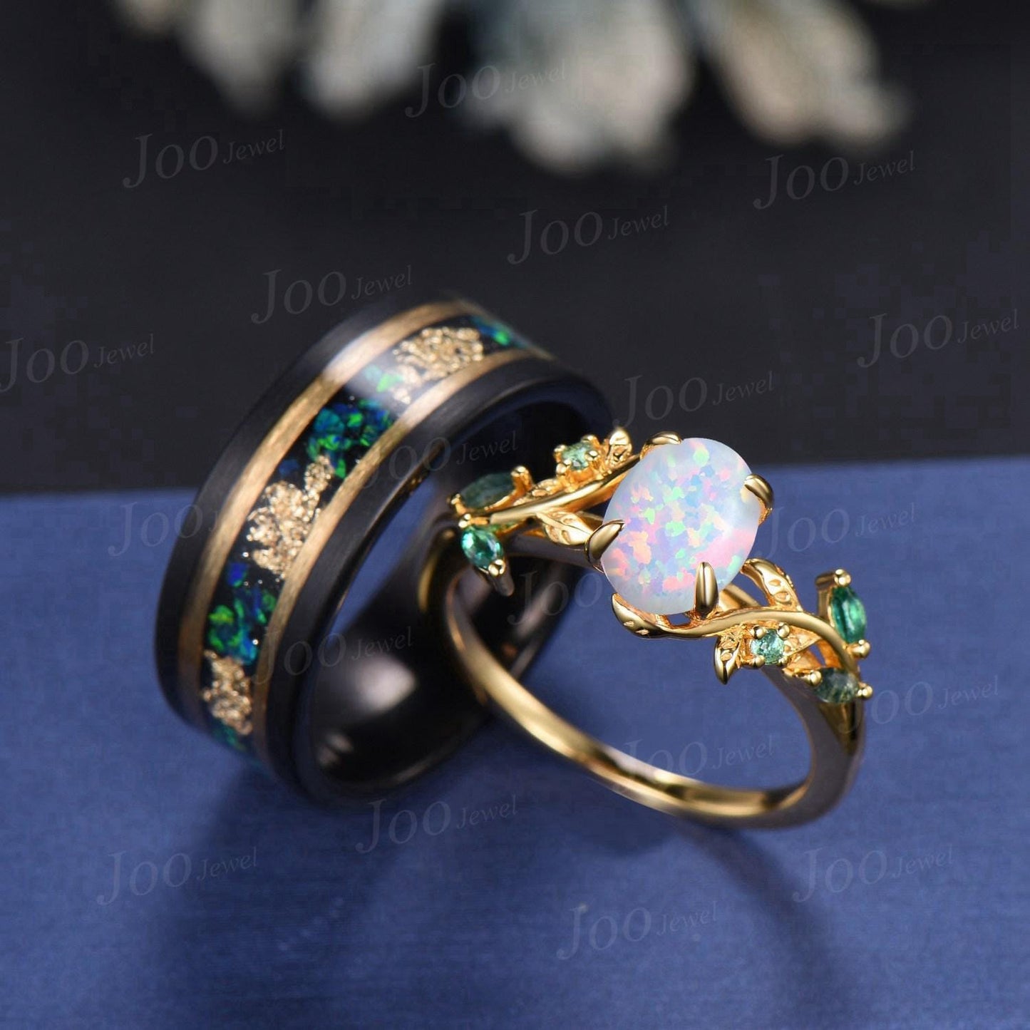 1.5ct Oval Cut White Opal Engagement Ring Set His&Hers Couple Ring Set Men's Tungsten Wedding Ring Yellow Gold Promise Ring Anniversary Gift