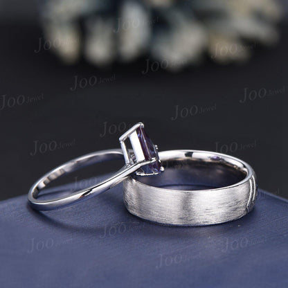 Kite Cut Alexandrite Couple Ring Men Women Sterling Silver 6mm Men Engagement Ring Brushed Finished Band His and Her Matching Promise Rings