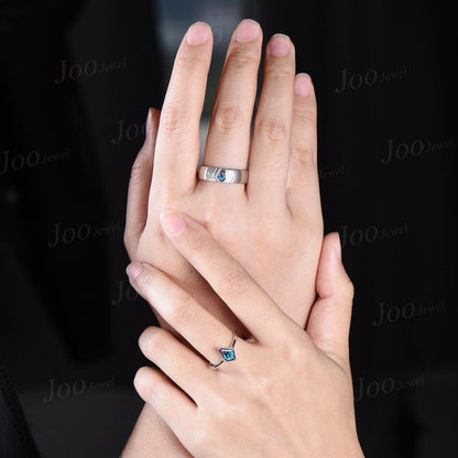 Kite Cut Alexandrite Couple Ring Men Women Sterling Silver 6mm Men Engagement Ring Brushed Finished Band His and Her Matching Promise Rings