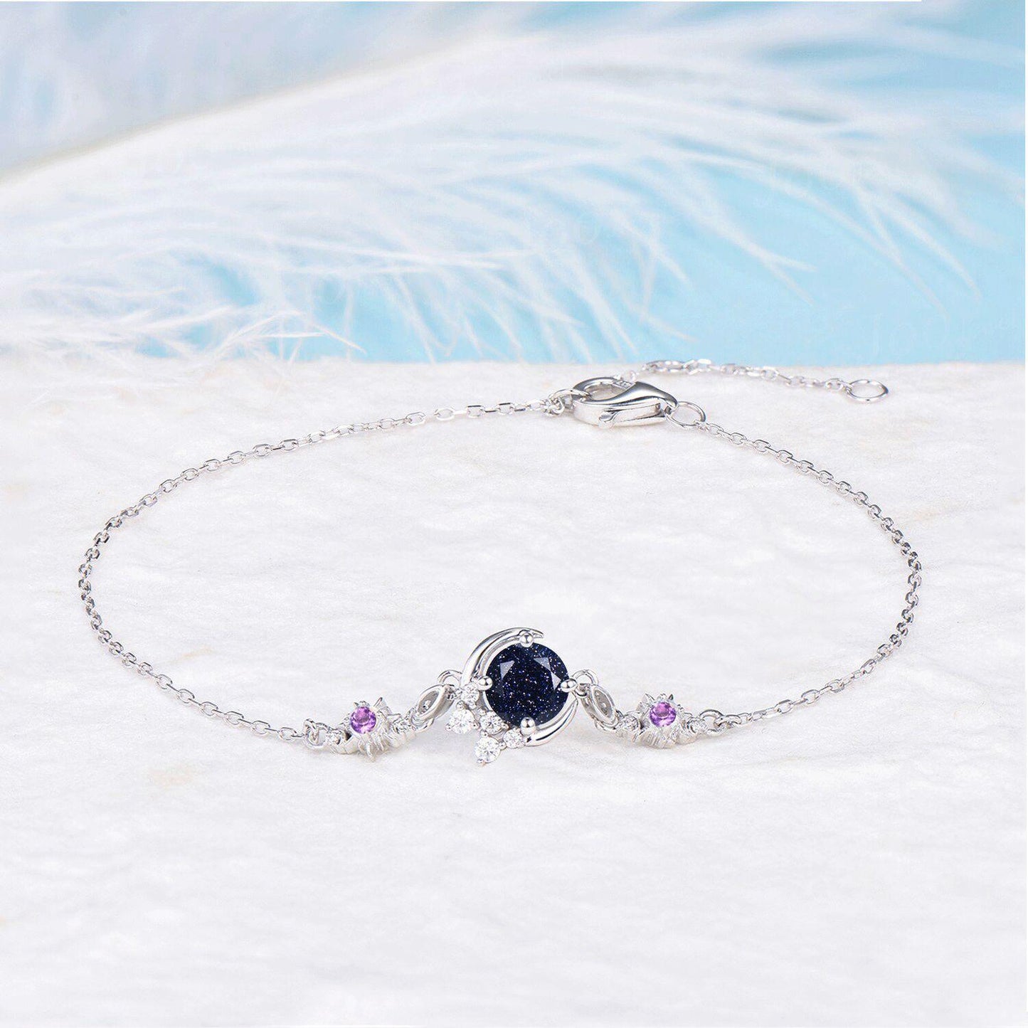 Sterling Silver 5mm Round Galaxy Blue Sandstone Adjustable Charm Bracelet Crescent Moon Sun Bracelet Unique Gemstone Chain Bracelets Women