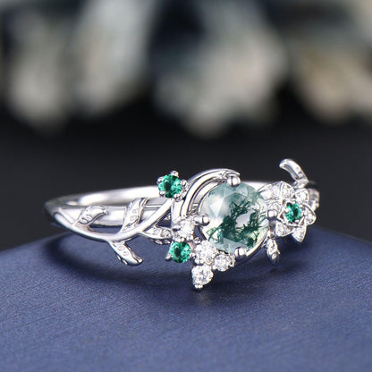 Round Natural Green Moss Agate Ring Crescent Moon Wedding Ring Vintage Leaf Branch Nature Inspired Emerald Cluster Promise Ring for Women