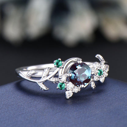 Moon Leaf Alexandrite Ring Sterling Silver Vintage Cluster Emerald Ring Nature Engagement Ring Personalized June Birthstone Gifts For Women