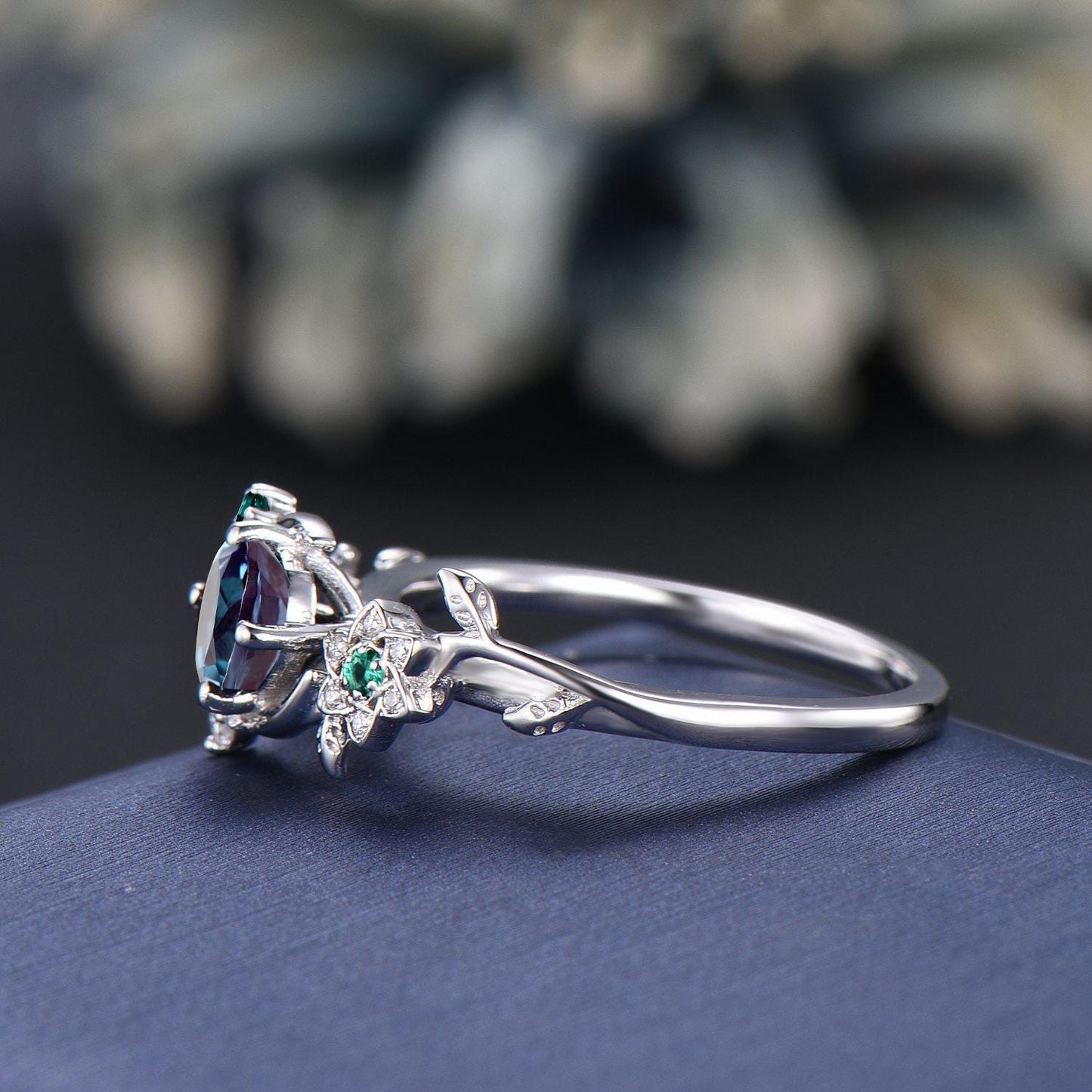 Moon Leaf Alexandrite Ring Sterling Silver Vintage Cluster Emerald Ring Nature Engagement Ring Personalized June Birthstone Gifts For Women
