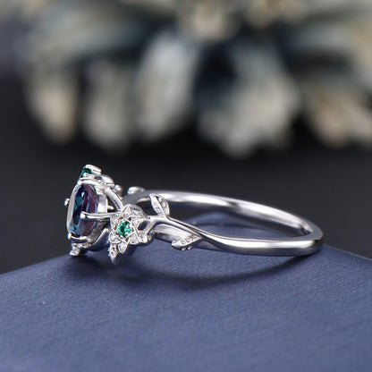Moon Leaf Alexandrite Ring Sterling Silver Vintage Cluster Emerald Ring Nature Engagement Ring Personalized June Birthstone Gifts For Women