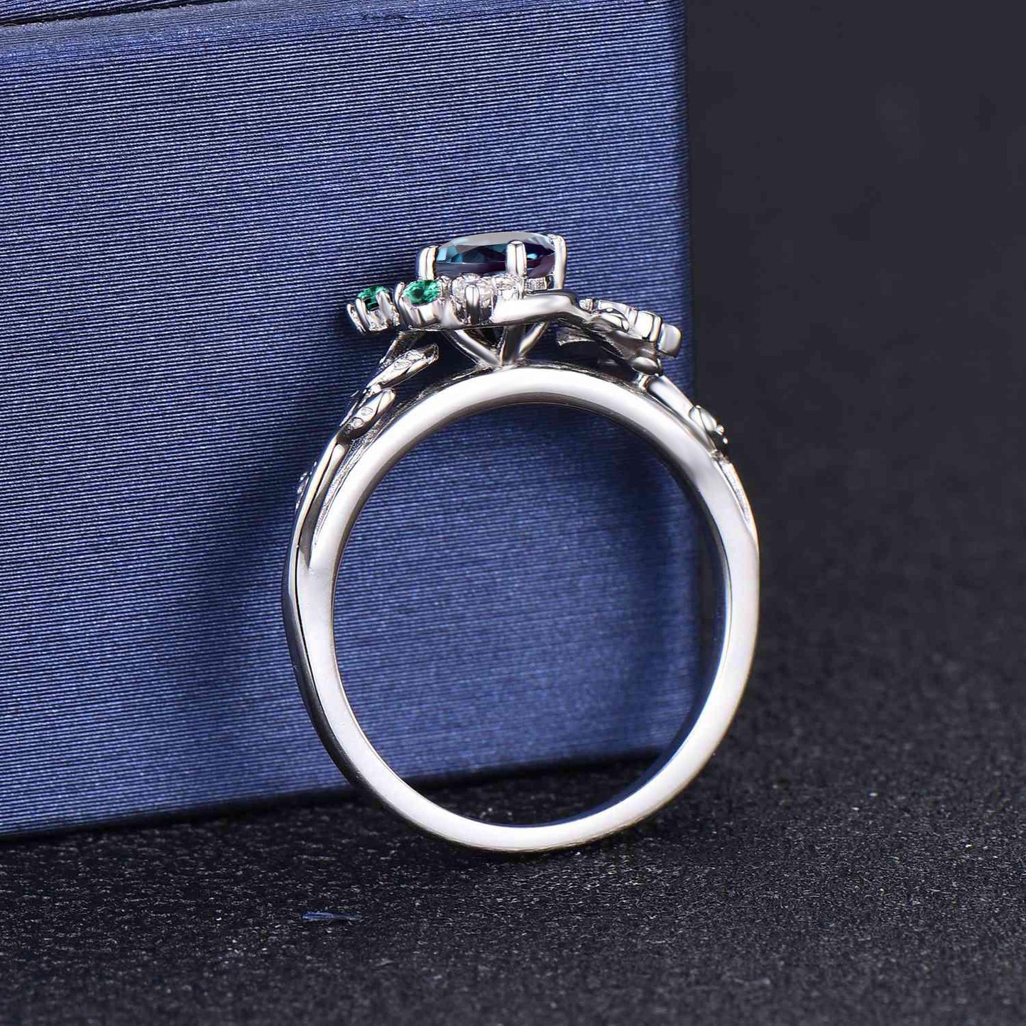 Moon Leaf Alexandrite Ring Sterling Silver Vintage Cluster Emerald Ring Nature Engagement Ring Personalized June Birthstone Gifts For Women