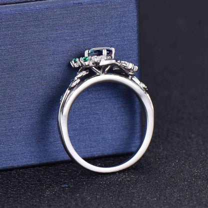 Moon Leaf Alexandrite Ring Sterling Silver Vintage Cluster Emerald Ring Nature Engagement Ring Personalized June Birthstone Gifts For Women