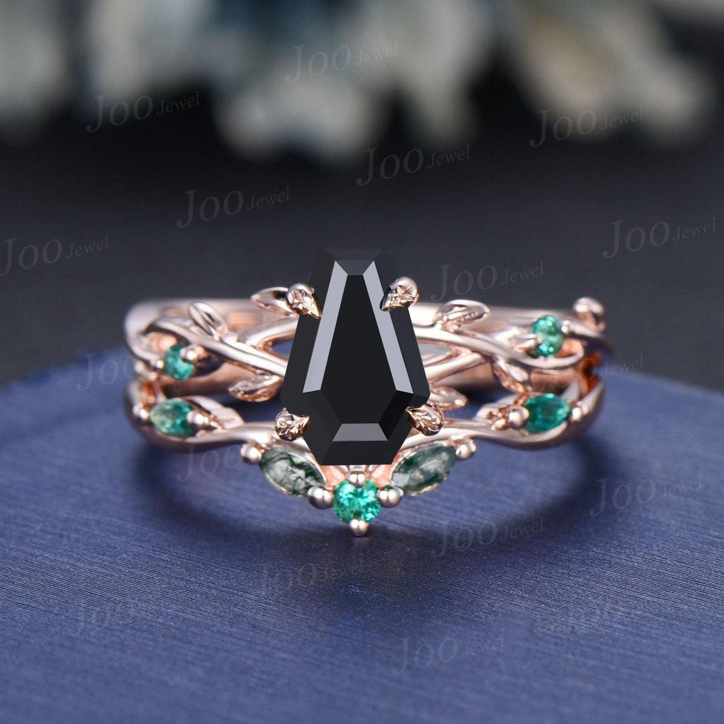 Coffin Cut Genuine Black Onyx Gothic Engagement Ring for Women Vintage Black Gold Ring Emerald Wedding Ring Twig Vine Bridal Promise Rings
