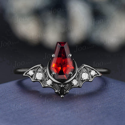 Coffin Shaped Natural Garnet Bat Engagement Rings Set 14K Black Gold Retro Coffin Moon Wedding Ring Set HipHop Punk January Birthstone Gift