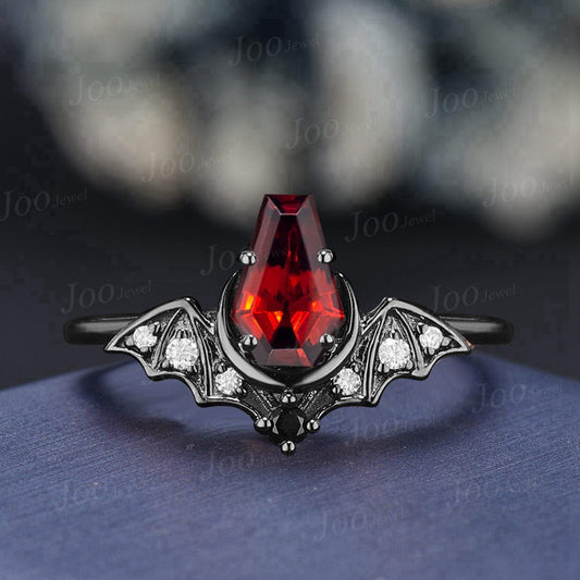 Coffin Shaped Natural Garnet Bat Engagement Rings Set 14K Black Gold Retro Coffin Moon Wedding Ring Set HipHop Punk January Birthstone Gift