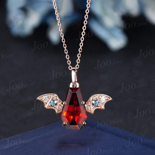 Gothic Coffin Natural Red Garnet Necklace Vintage Vampire Bat Wing Pendant 14K Rose Gold Bridal Necklace for Women January Birthstone Gift