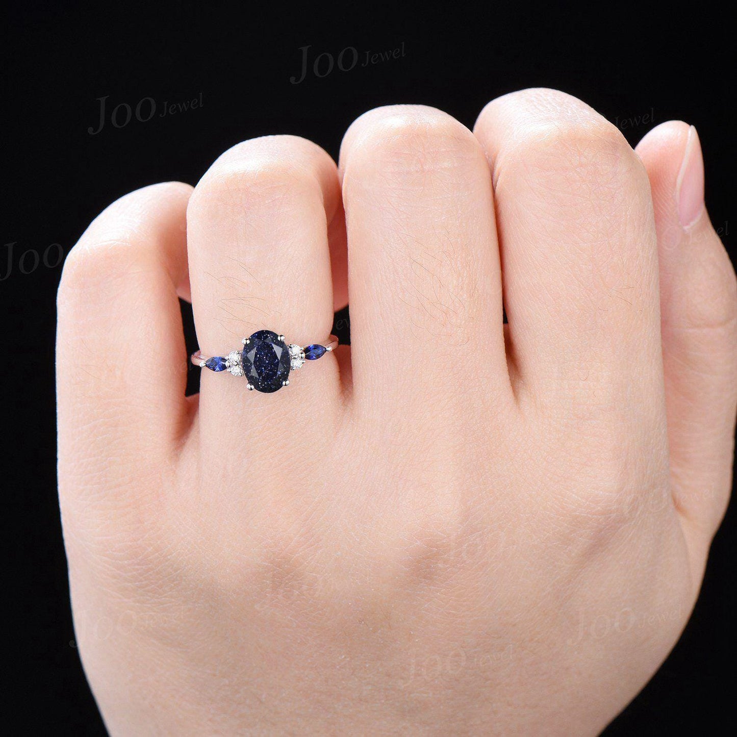 1.5ct Oval Cut Blue Sandstone Engagement Rings Galaxy Starry Sky Ring Marquise Blue Sapphire Ring Unique Handmade Proposal Gifts for Women