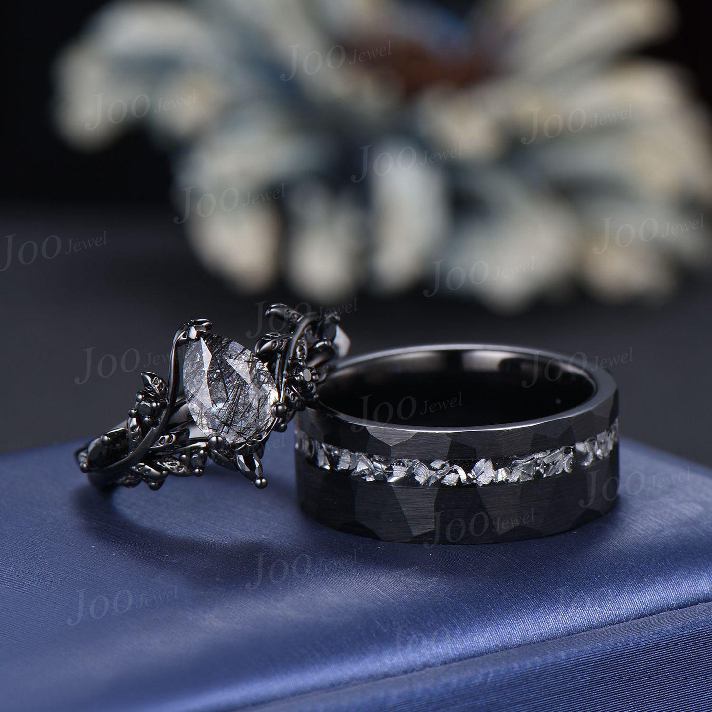 Natural Black Rutilated Quartz Couple Ring Set Black Tungsten Meteorite Men's No-Fading Wedding Ring His And Hers Gothic Silver Wedding Ring