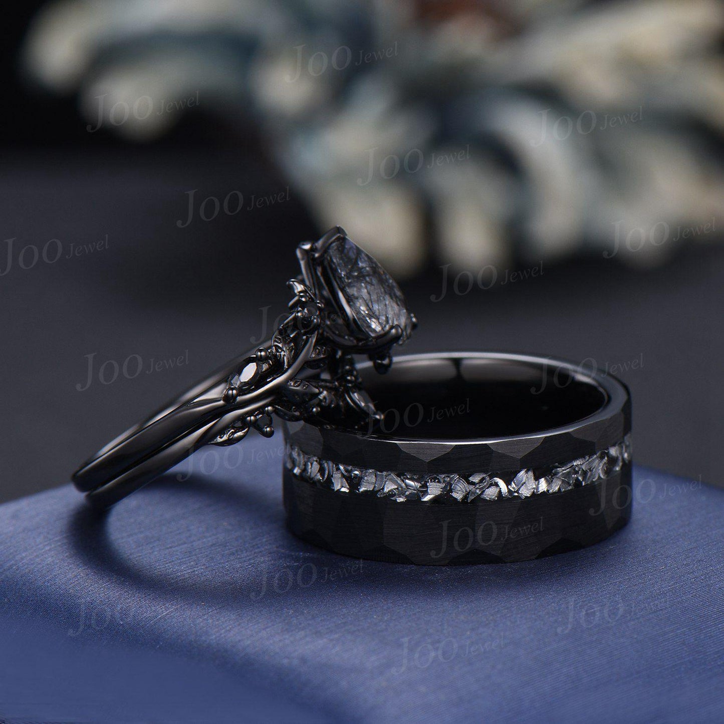 Natural Black Rutilated Quartz Couple Ring Set Black Tungsten Meteorite Men's No-Fading Wedding Ring His And Hers Gothic Silver Wedding Ring
