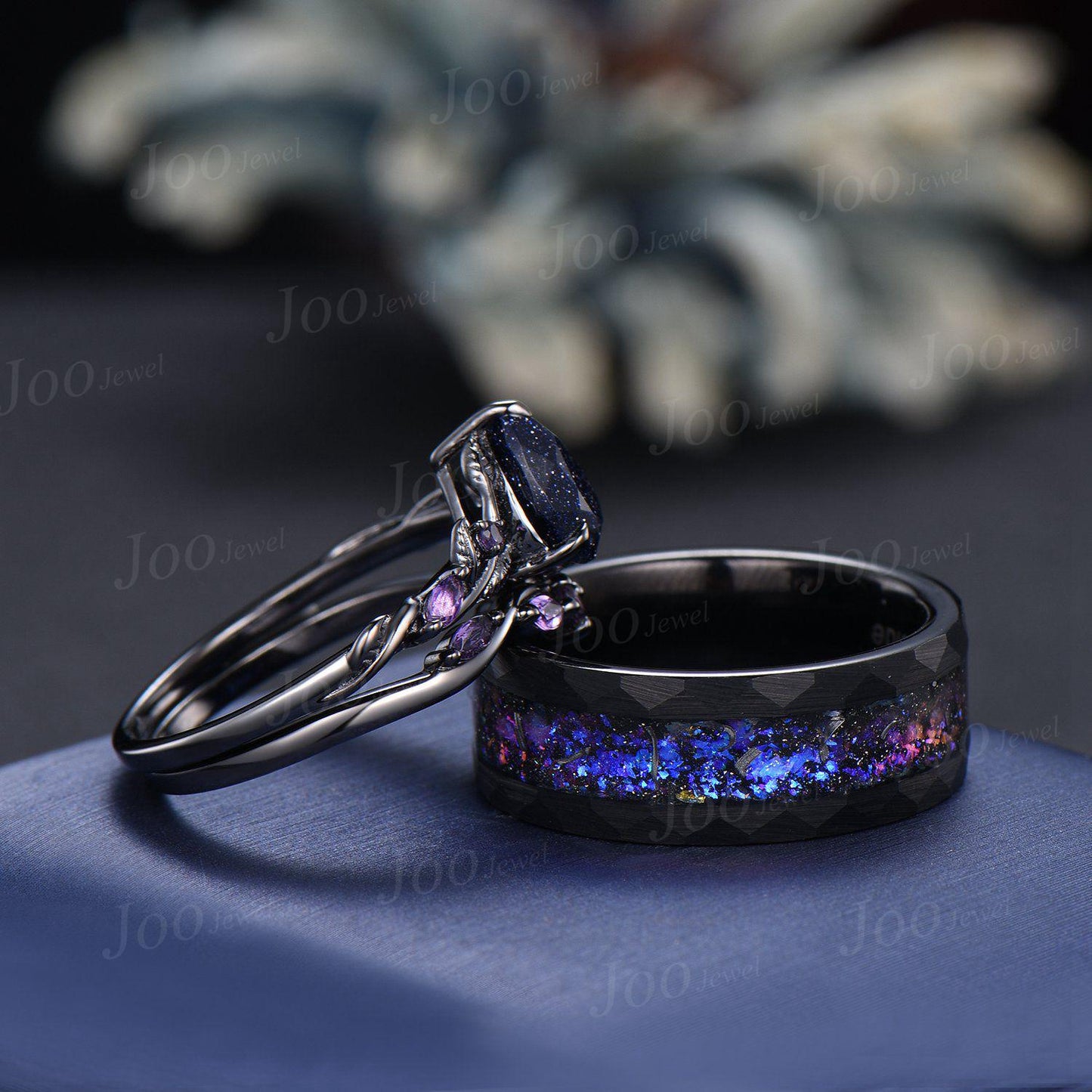 2pcs Galaxy Blue Sandstone Couple Ring Set Nature Inspired Gothic His and Her Black Wedding Ring Set Men No-Fading Tungsten Matching Rings